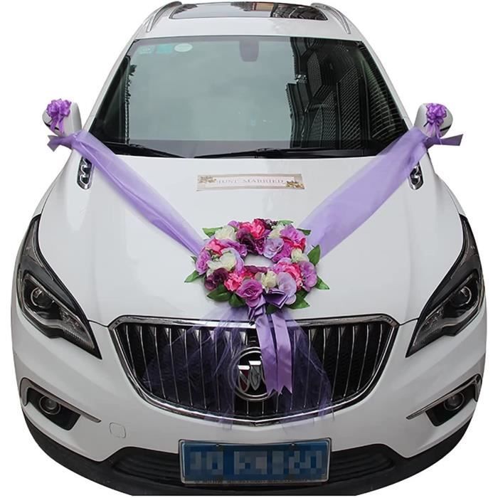 Decoration Mariage Décoration Voiture Mariage - Fleurs Artificielles Roses Blanches, Gaze, Ventouses, Pour Jour J Deco Voiture Mariage
