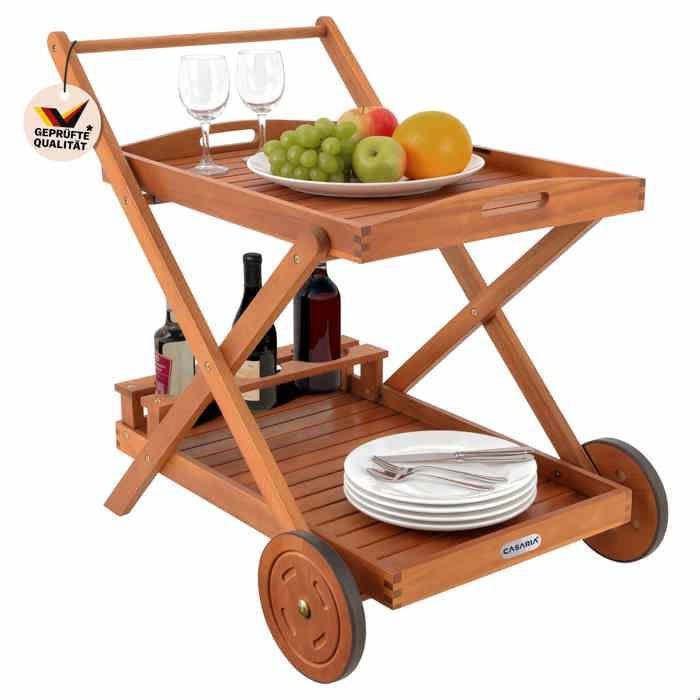 Casaria® Desserte à roulettes en bois dAcacia chariot de service à 2 niveaux avec 3 porte bouteilles plateau de service