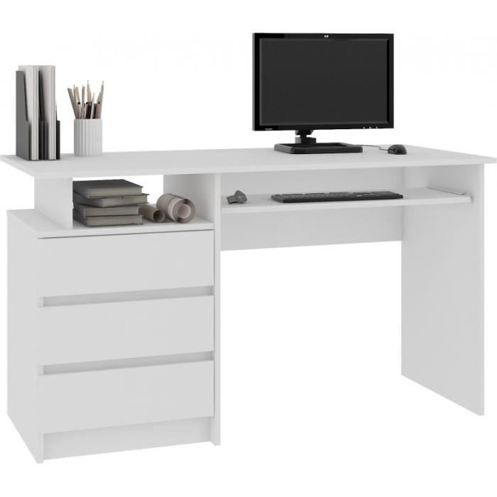 bureau informatique contemporain toska - hucoco - grand plateau + 3 tiroirs + niche de rangement - blanc