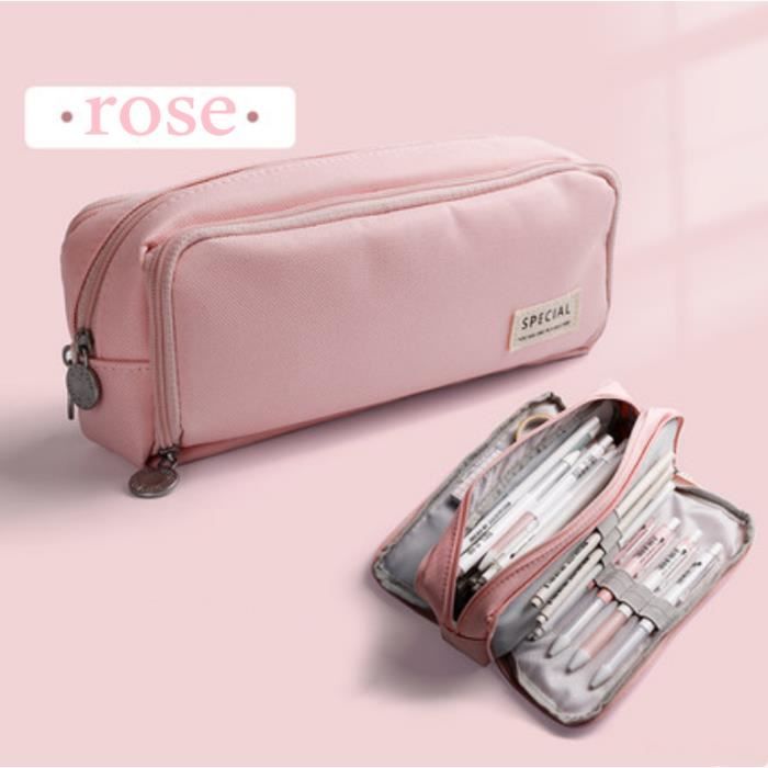 Trousse Scolaire Fille 4 Compartiments - Grande Capacité 21,5x12,5x9,5 Cm, Rose, Tissu De Haute Qualité