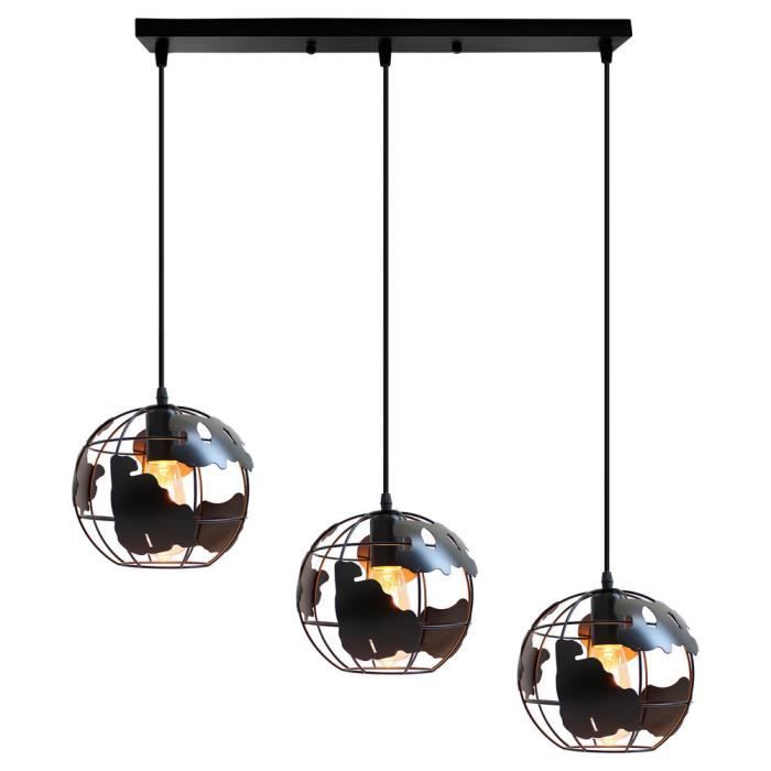 U-do Lustre Suspension à 3 Tetes en Métal Noir Pendantif Luminare Vintage Rétro en Forme Terre 40W
