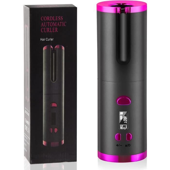 Fer à Boucler Automatique Sans Fil Crazy Beauty - Mini, 6 Températures Jusqu’à 200°C, Plaque Céramique, Couleur Rose/noir
