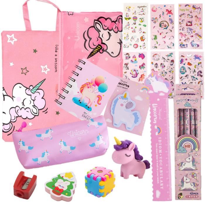 Rose Ensemble de Papeterie Licorne,Kit De Fournitures Scolaires,Articles Papeterie Fantaisie Enfant,Licorne Fournitures Scolaires,Cadeaux de Licorne,Papeterie Cadeau Décole,pour Filles Enfants 