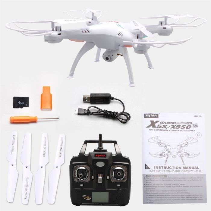 Drone - GETEK - SyMa x5sc - Caméra HD - Autonomie 6 min - Portée 30 m - Blanc