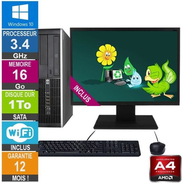 HP Elite Ordinateur de bureau Windows 10 Pro, Intel Quad Core i5 3,2 GHz,  RAM 8 Go, disque dur 500 Go, écran LCD 22, clavier, souris, WiFi