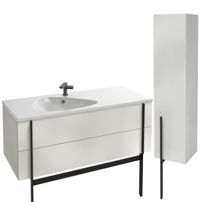 meuble lavabo simple vasque 120 cm jacob delafon nouvelle vague blanc brillant + colonne de salle de bain version droite + pied