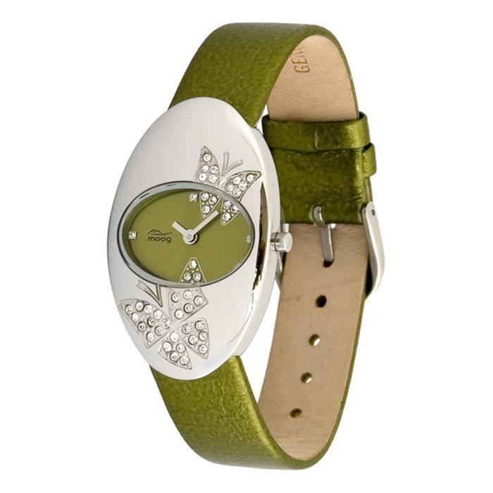 Montre Femme Moog Paris Butterflies avec Cadran Olive, Eléments Swarovski,  Bracelet Olive en Cuir Véritable - M44292F-003 - Cdiscount Bijouterie