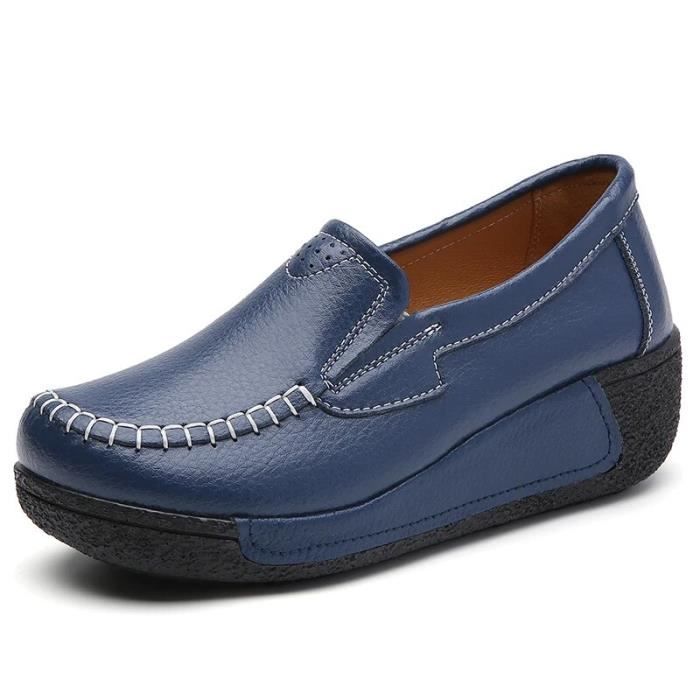 Mocassins Femme En Cuir Bleu Marine - Pointure 38 - Marque "Chaussures Françaises" - Occasion