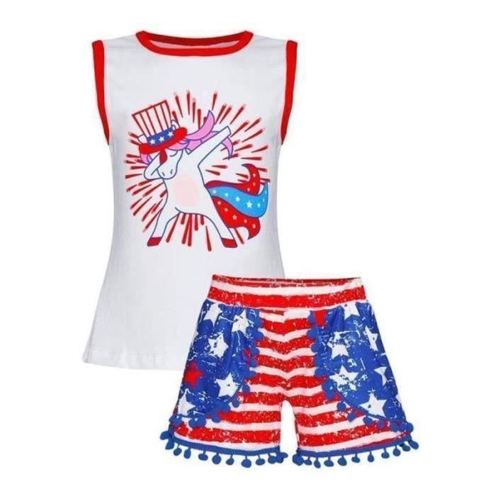 Carolilly 2/3 Pcs Ensemble de Vêtement Enfant Fille Outfit Tenue d'Été T-Shirt Blouse en Dentelle Manche Courte à Volant Pantalon en Denim Tenue pour Fille 1-6 Ans (A, 1-2 Ans, 1_year