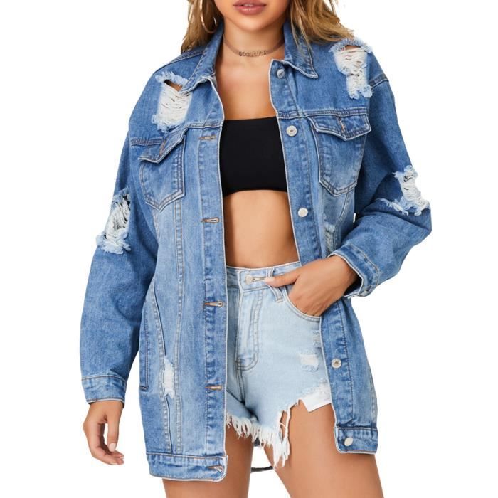 Blousons en Jeans Femme Col Boutonné Boyfriend Denim Manches Longues Veste Blouson Jean Veste Jacket Coat Outwear,Bleu