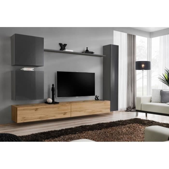 ensemble de  meuble pour votre salon switch viii.meuble tv mural design, coloris chêne wotan et gris brillant. 40 marron