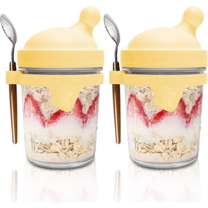 2 Pots En Verre Avec Couvercle Pour Overnight Oats – 430 Ml, Hermétiques, Avec Cuillère, Réutilisables Pour Petit-déjeuner à Emporter