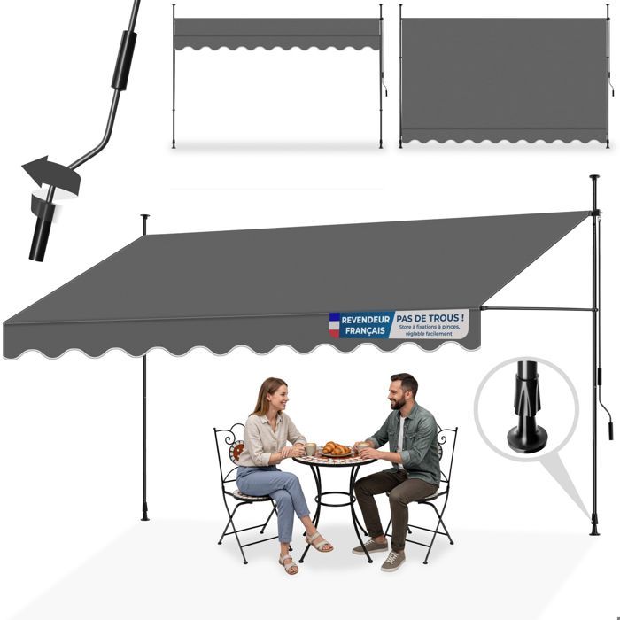 Store banne - TECTAKE - Store à pince sans perçage avec manivelle réglable protection UV et étanche 400 x 180 cm - Noir/Gris