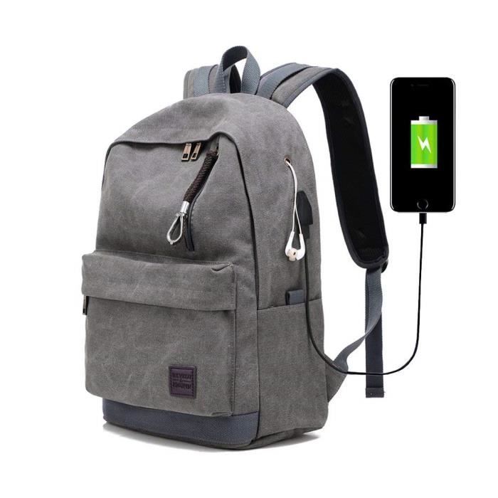 Sac à Dos Hommes femmes Charge USB Rétro Toile Trou découteurs Voyage Sport Décontractée Multifonctionnel Gris