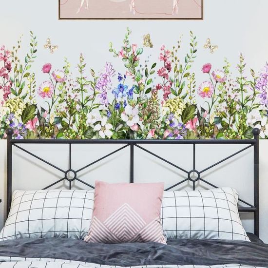 Stickers Muraux Herbe Verte Coin Plinthe Autocollant Mural Papillon et