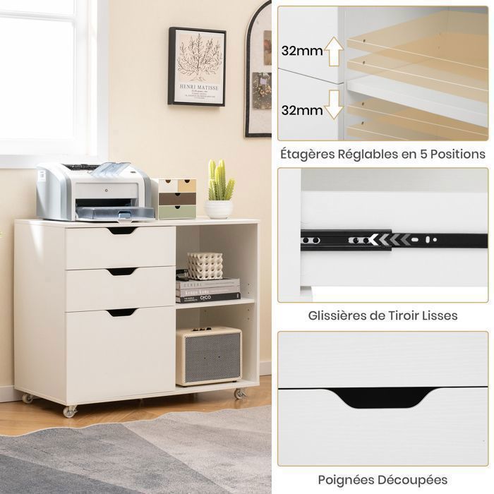 Caisson De Bureau à 3 Tiroirs Meuble De Rangement De Document Support D’imprimante 3 Tiroirs Verrouillables 40 X 41 X 103 Cm Rail De Suspension Reglable Pour Dossiers Marron 12 0004804