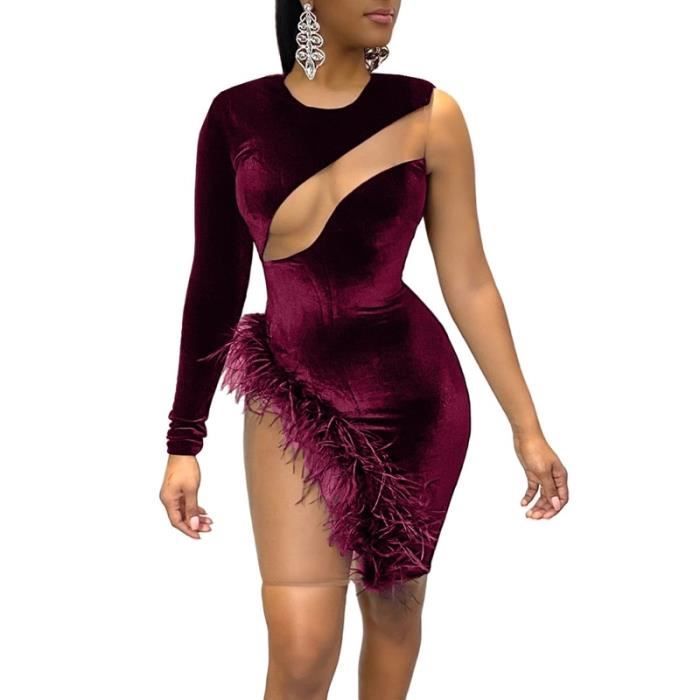 Robe Velours robe de noel femmes Sexy Club robes a manches longues une epaule maille Patchwork plume courte rouge Type Violet Blanc Cdiscount Pret a Porter