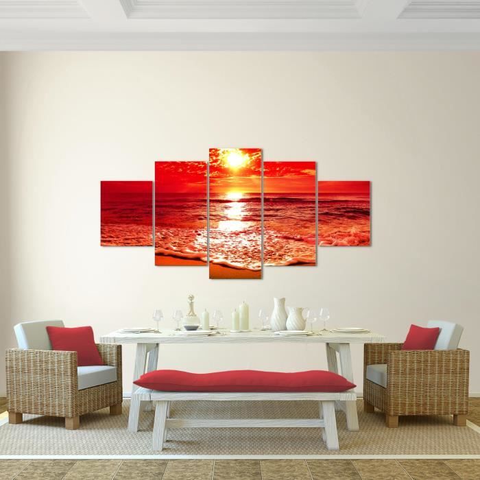 Feeby Impression Sur Toile 5 Pièces Paysage Herbe Type A 100x70 cm Tableau Mural Image Moderne Photo Décoration Murale Artistique Photographie Design Chambre Salon Cuisine Plage Eau Mer Sable Ciel