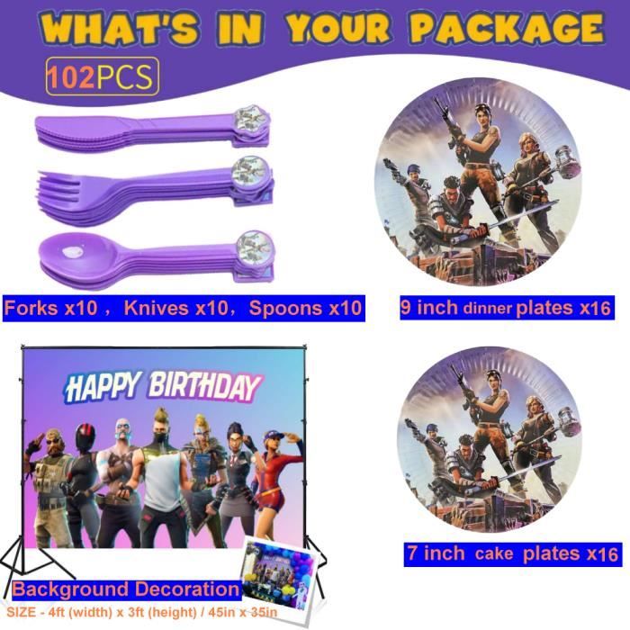 Fournitures de fête de jeu vidéo, décoration d'anniversaire, gobelets de  table Fortnite, assiettes, serviettes, cadeaux