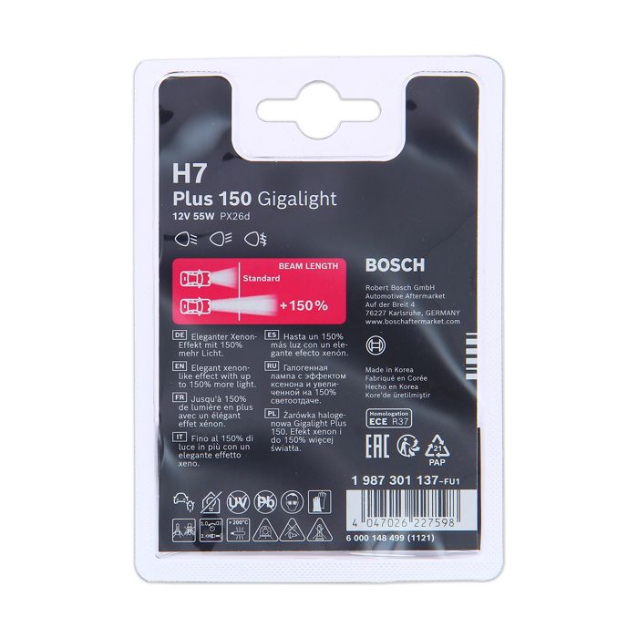 Bosch H7 Plus 150 Gigalight - Lampe Phare 12V 55W | PX26d | +150% Luminosité
