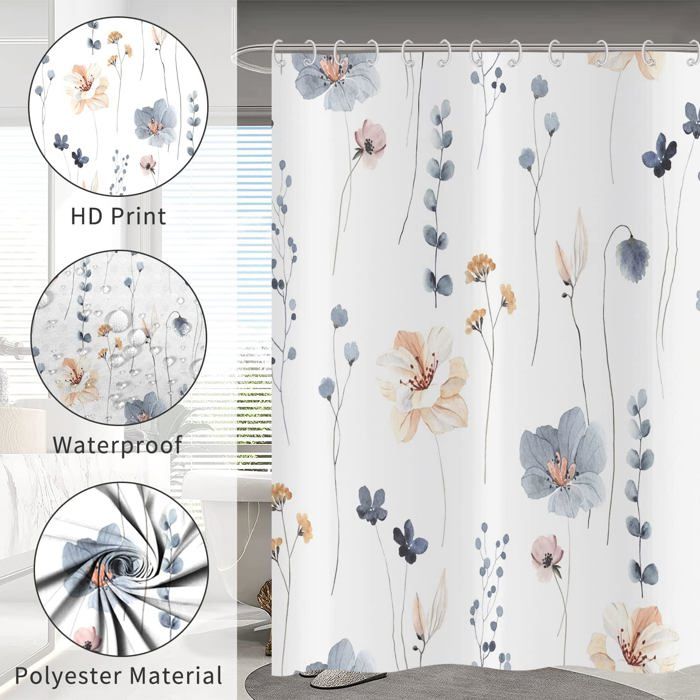 Rideau Douche Retro Fleurs Et Papillons Rideau De Douche Blanc Rose Rideau Baignoire 120x180CM
