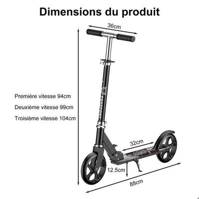 Trottinette pliable pour enfants avec guidon réglable, 2 grandes roues, frein arrière, plastique