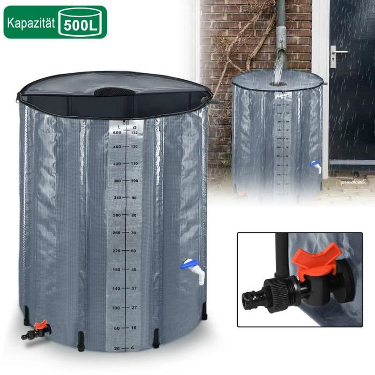 Kit Robinet Récupération D'Eau De Pluie SOMATHERM – Pour Cuve 200-500 L, Robinet Orientable Laiton 1/2"-3/4", Installation Facile