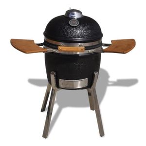 BARBECUE Barbecue à charbon Kamado Céramique 81 cm - Noir - Avec Thermomètre intégré et étagères en bois pliables
