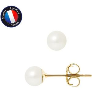Boucle d'oreille PERLINEA - Boucles d'Oreilles - Véritables Perles de Culture d'Eau Douce Rondes 5-6 mm Blanc Naturel - Or Jaune - Bijoux Femme