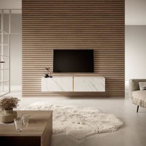 MEUBLE TV Meuble TV - BISIRA - Meuble TV 140 cm en marbre blanc avec insert doré