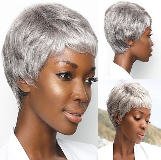 Perruque Synthétique Grise Courte - Avec Frange, 30cm, Bonnet Moyen - Style Lisse Et Moderne
