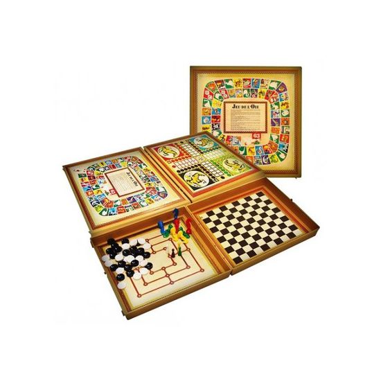 Coffret 8 Jeux de societe classiques - Mallette plastique Muti Jeux - Plateaux dames, petits chevaux, oie, marelle - Fabrique en F