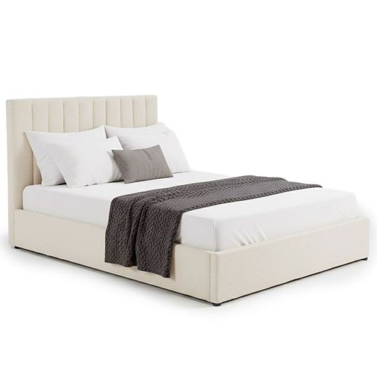 Lit Double 160x200 Avec Coffre Rangement - Tête De Lit Capitonnée - Tissu Bouclé Beige - Sommier Inclus