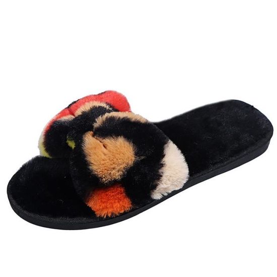Chaussons Plates à Bout Ouvert En Peluche Pour Femmes - Noir - Tailles