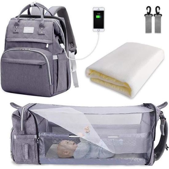 QQ43160-sac à langer pour bébé sac à dos, sacs à langer grande capacité, sac à langer de voyage portable avec lit pliable(gris)