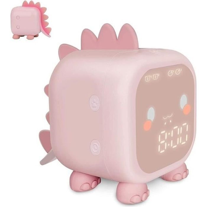 Réveil Numérique pour Enfants Horloge Dinosaure Formateur de Sommeil Avec Réveil Veilleuse pour Enfants - Rose