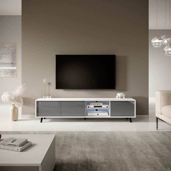 Meuble tv / Meuble de salon - GLAM - 175 cm - blanc mat / gris brillant - grande capacité de rangement - éclairage LED