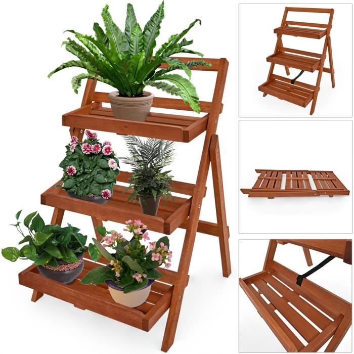 Échelle à fleurs 3 étages bois d'acacia 56 x 59 x 79 cm décoration jardin balcon