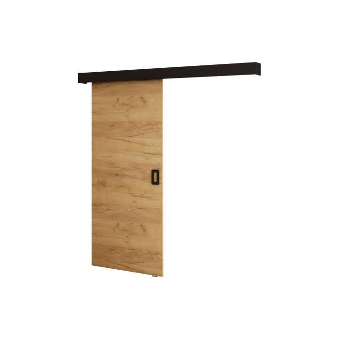 Ensemble Porte coulissante interieur avec rail MAY I - Chêne doré + noire mate + Poignée noire mate - 90x204cm Soft-Close