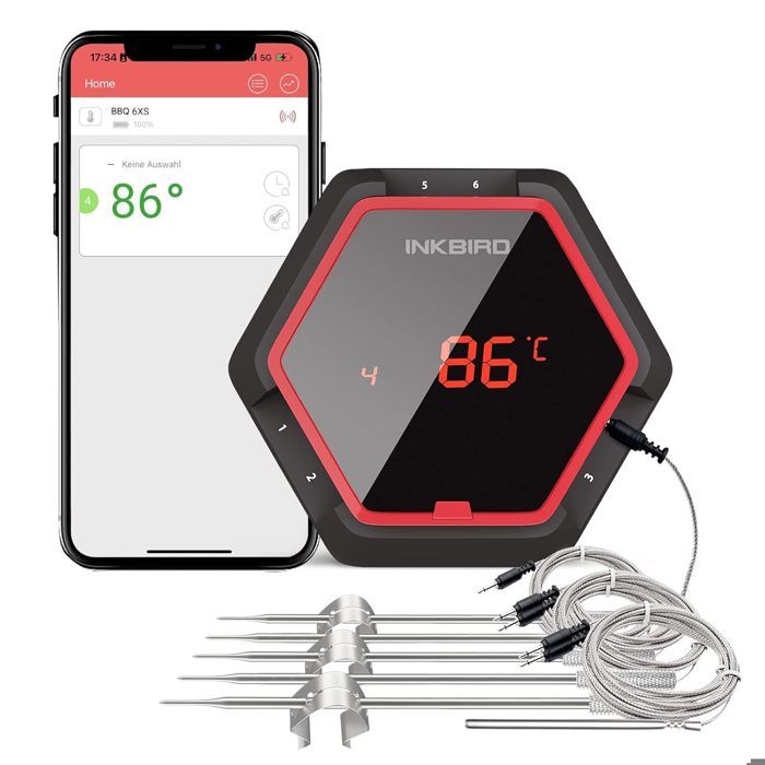 Thermometre Cuisine Barbecue Cuisson Bluetooth Interieur Exterieur, Magnétique Batterie Rechargeable INKBIRD IBT-6XS Rouge