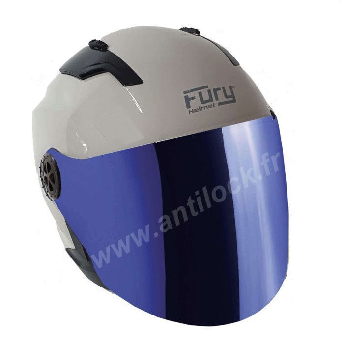 FURY CASQUE JET RACE GRIS NARDO AVEC VISIÈRE MIROIR BLEU