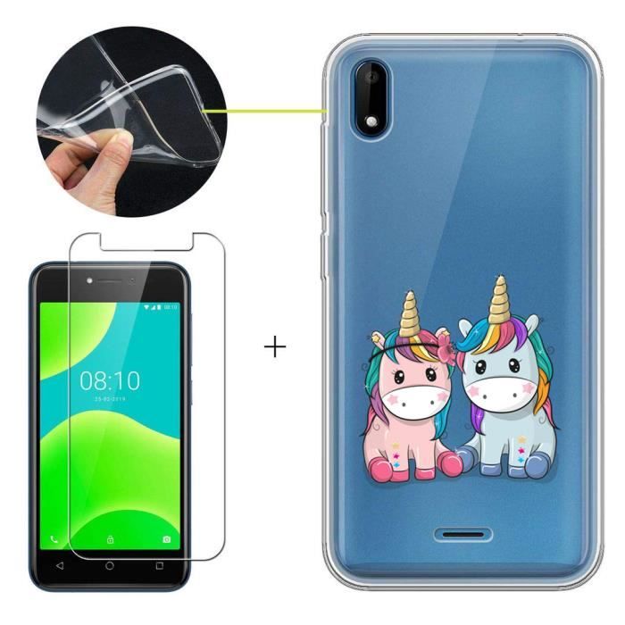 verre trempé + Coque Pour Wiko Y50-Wiko Sunny 4 Coque Silicone TPU - Couple de licorne