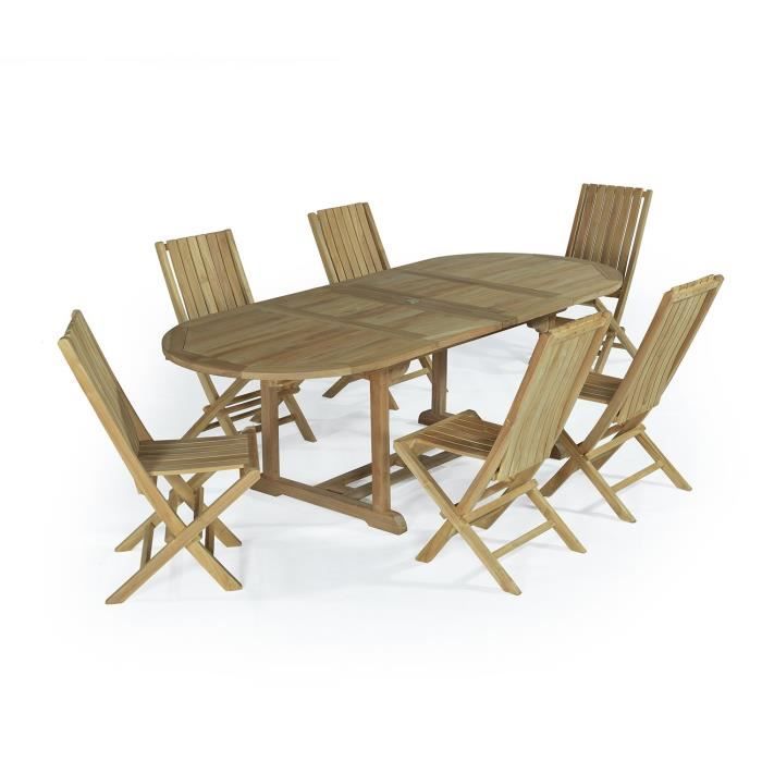 Salon de jardin en teck Ecograde Toga, table extensible 1.60 à 2.40 m + 6 chaises Karimun