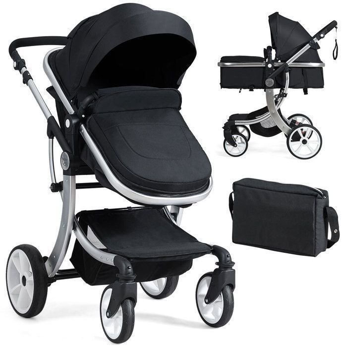 DREAMADE 2 en 1 Poussette Canne Bébé Pliable avec Auvent & Dossier Réglable, Siège Réversible, Roues avec Frein, 25KG MAX, Noir