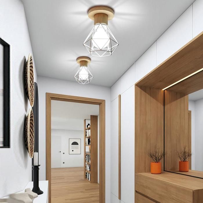 WOTTES Plafonnier Industriel E27 Lustre Éclairage Plafond Luminaire Vintage Métal et Bois Forme Cage 4PCS Blanc Pour Salon