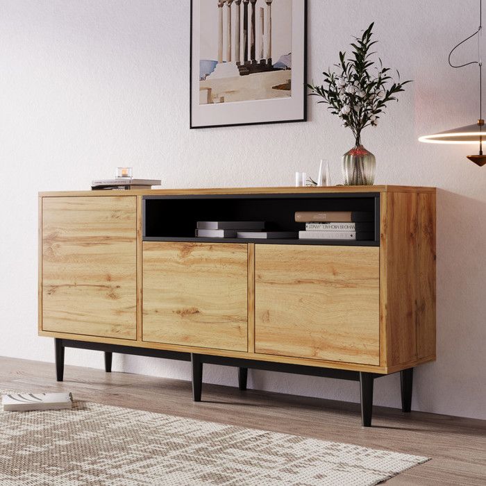 Buffet Salon Bas - 3 portes et 2 compartiments - en bois avec 6 étagères - 160x35x76cm - naturel