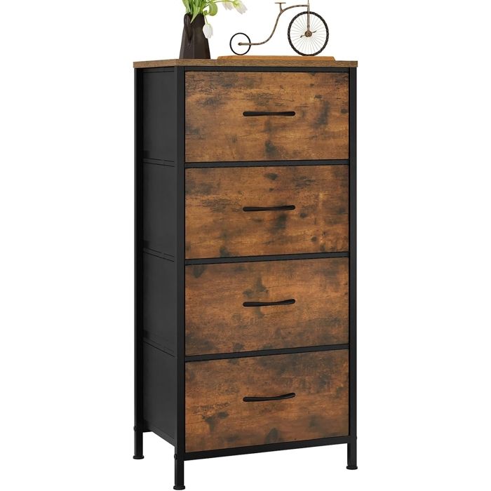 WOLTU Commode Meuble à 4 Tiroirs en Tissu Cadre en Métal Dessus en Bois dIngénierie E1 Marron Rustique+Noir W0ITT0116 WOLTU Commode Meuble à 4 Tiroirs en Tissu Cadre en Métal Dessus en Bois dIngénierie E1 Marron Rustique+Noir W0ITT0116