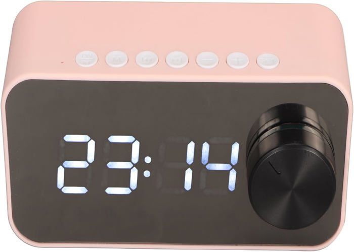 Haut-parleur Radio-réveil Sans Fil - Horloge Miroir, Température, Double Alarme, Micro Intégré (Rose)