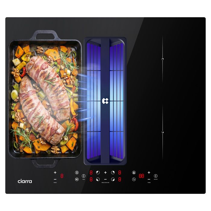Ciarra Plaque Induction Aspirante 59cm avec Filtre à Plasma 500m3/h 4 Foyers 7000W Booster Minuterie Flexizone 5 Vitesses