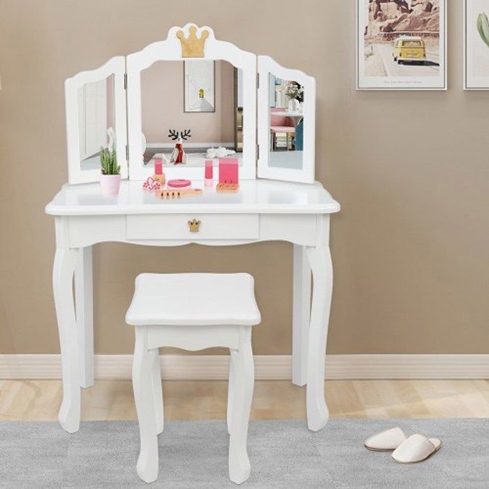 Ensemble de coiffeuse pour enfants avec Miroir pliant trois faces tiroir tabouret - Blanc